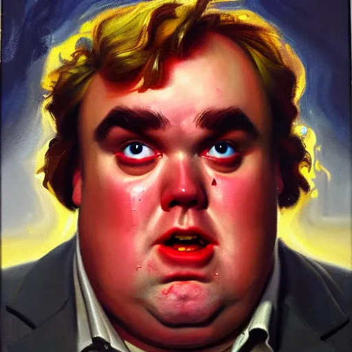 Image similar to portrait of john candy crying in the metaverse, fire and pain, oil on canvas by william sydney mount, trending on artstation