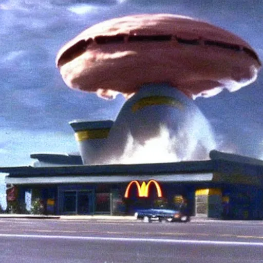 Prompt: mothership from independence day (1996) destroying a mcdonalds