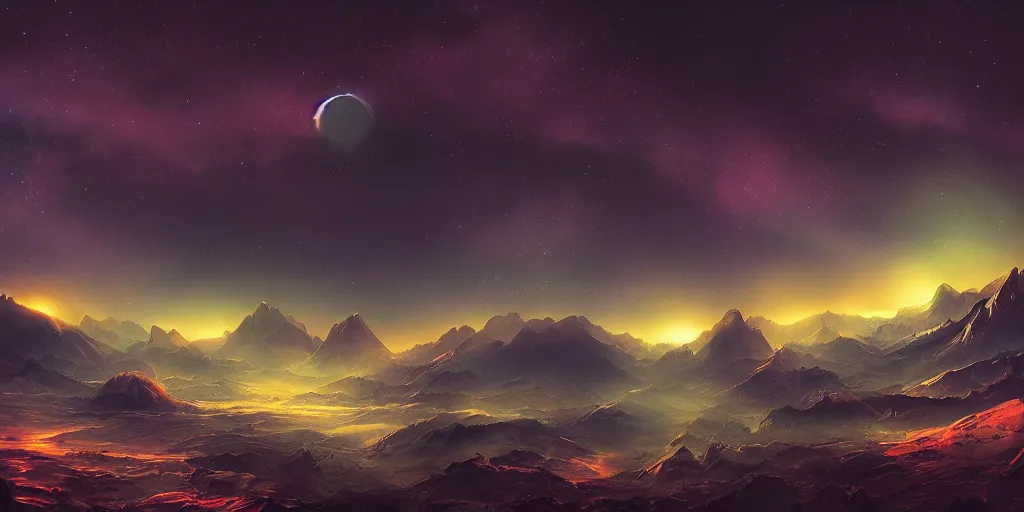 Prompt: Sci-Fi dark high contrast nighttime colorful wallpaper of a beautiful matte landscape painting, 4k, high detail, no noise, low light