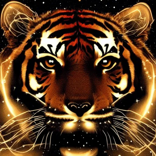 Image similar to geometric symmetrical tiger with galaxy eyes in space, nebula in the background, intricate, elegant, highly detailed, digital painting, artstation, concept art, smooth, sharp focus, illustration, art by artgerm