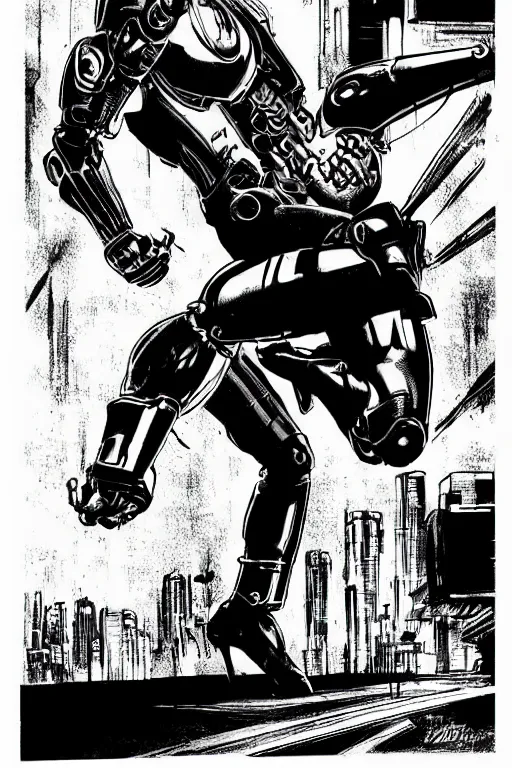 Prompt: ultron doing a high kick, a page from cyberpunk 2 0 2 0, style of paolo parente, style of mike jackson, adam smasher, johnny silverhand, 1 9 9 0 s comic book style, white background, ink drawing, black and white