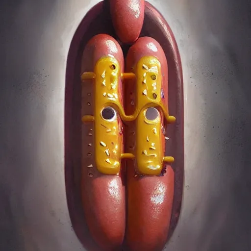 Prompt: cyberpunk hot dog, mechanical hot dog, tubes fused with the body, painted by stanley lau, painted by greg rutkowski, painted by stanley, artgerm, masterpiece, digital art, trending on arts