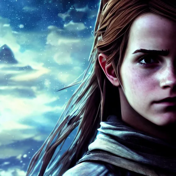 Image similar to a girl from final fantasy live action, movie still of emma watson, horizon zero dawn, evocative, mystical night, sharp focus, very very very very detailed, award winning, masterpiece digital painting by greg rutkowski, alex grey, marc adamus, beautiful dramatic lighting, artstation, 4 k wallpaper, style by peter deligdisch, peterdraws