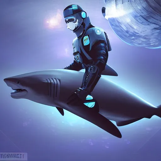 Image similar to humanoid shark wearing futuristic security uniform and floating in a space station, sci-fi, digital art, high resolution