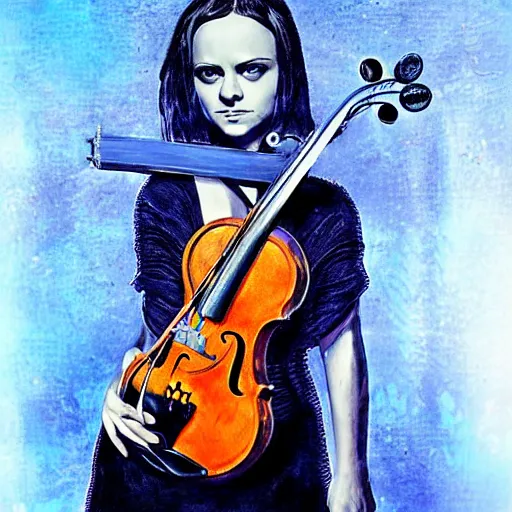 Prompt: a portrait of Christina Ricci as a bass violin with glowing blue strings art by Nekro XIII