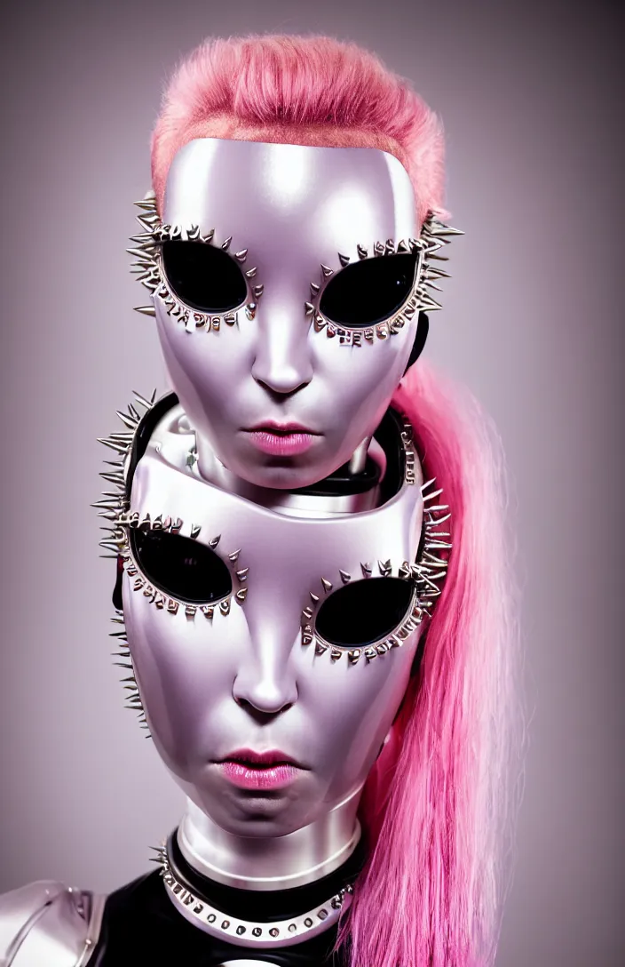 Image similar to symmetrical portrait of a biomechanical demoness wearing a steel spikes studded iridescent beauty mask and pink hair buns, wearing a black bodysuit by olivier rousting, cream white background, soft diffused light, biotechnology, humanoid robot, perfectly symmetric, bjork aesthetic, translucent, by rineke dijkstra, intricate details, highly detailed, masterpiece,