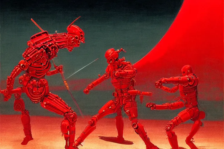 Image similar to only with red, a red cyborg samurai, tokio futuristic in background, some evil yokai fight, in the style of beksinski, parts by edward hopper, parts by rodcenko, parts by yue minjun, intricate and epic composition, red by caravaggio, insanely quality, highly detailed, masterpiece, red light, artstation, 4 k