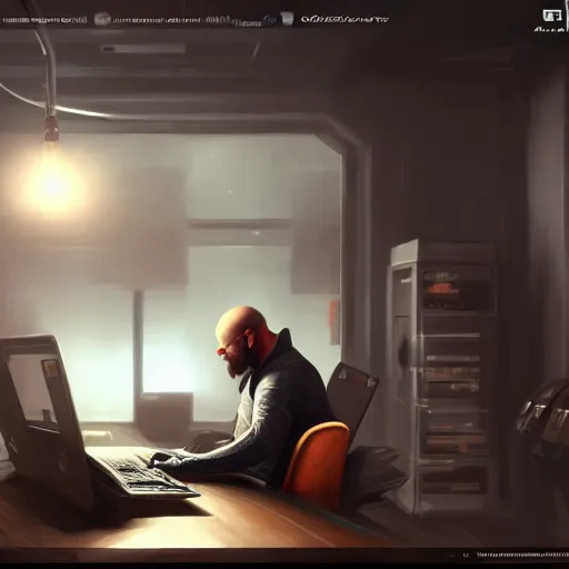 Image similar to realistic man using laptop in gaming room, artstation trends, sci fi concept art, highly detailed, intricate, sharp focus, digital art, 8 k