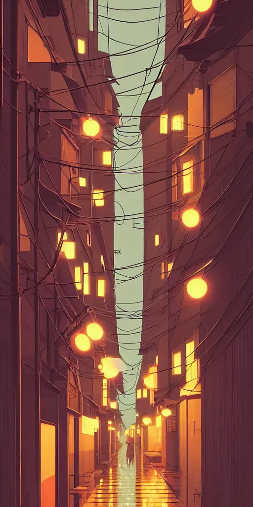 Image similar to symmetry!!! tokyo alleyway, rainy day, lights, by cory loftis, makoto shinkai, hasui kawase, james gilleard, beautiful, serene, peaceful, golden curve composition