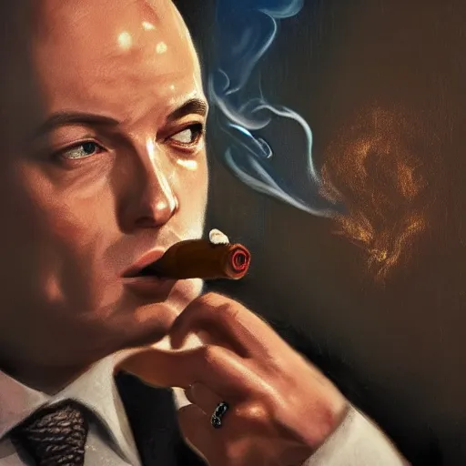 Young Hugo Weaving in a suit smoking a cigar with a