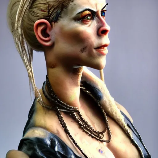 Image similar to ultra realistic painted sculpture of tank girl. waxwork. cinematic makeup. detailed lifelike