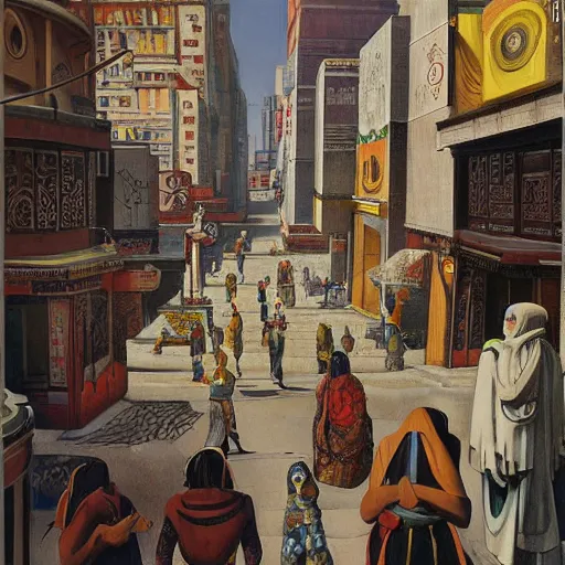 Image similar to art deco streets of the Undying Empire city of ya-Sattra during the Festival of Masks, award-winning realistic painting by Beszinski, Bruegel, and Yoshitaka Amano
