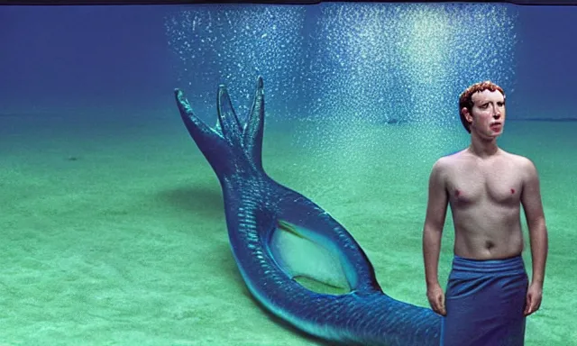 Prompt: mark zuckerberg as a mermaid ruling the ocean, photorealistic, cinematic lighting, highly detailed, extremely realistic color photograph by stanley kubrick