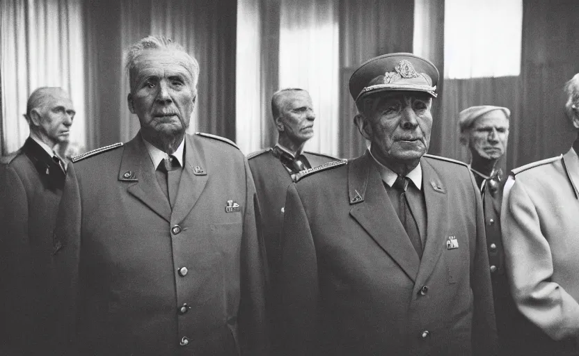 Image similar to 50s movie still close-up portrait of an elder soviet generals in a empty stalinist hall, by David Bailey, Cinestill 800t 50mm black and white, heavy grainy picture, very detailed, high quality, 4k, HD criterion, precise texture and facial expression