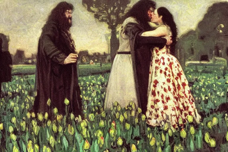 Image similar to hagrid the viking and morticia addams kiss in a field of tulips, masterpiece, highly detailed, oil on canvas, art by walter sickert, john singer sargent, and william open