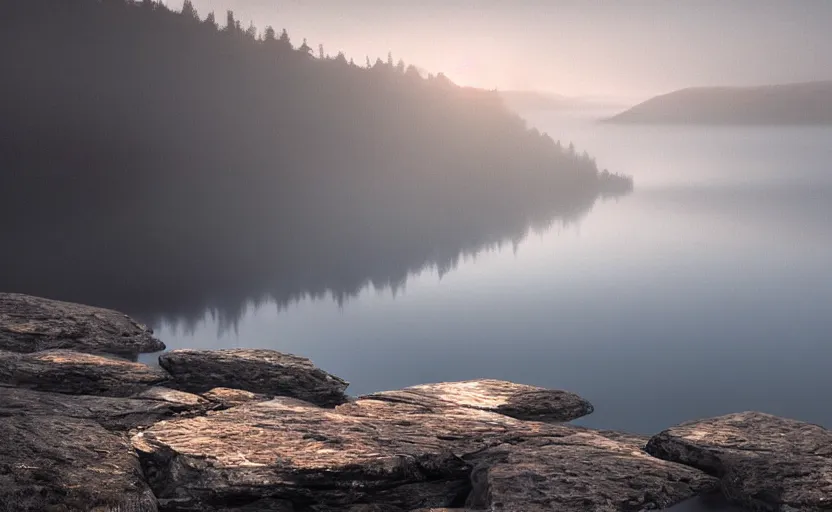 Image similar to extreme low angle showing the surface of a lake with a rocky lake shore in the foreground, scene from a film directed by charlie kaufman ( 2 0 0 1 ), foggy volumetric light morning, moody cinematography, cinematic trending on artstation in the style of greg rutkowski,