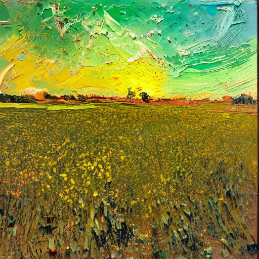 Prompt: oil paint impasto relief, beautiful evening view of an oilseed field, evening, multi layered thick brush marks, some splattered paint, in the style of ivan shishkin and frank auerbach and van gogh