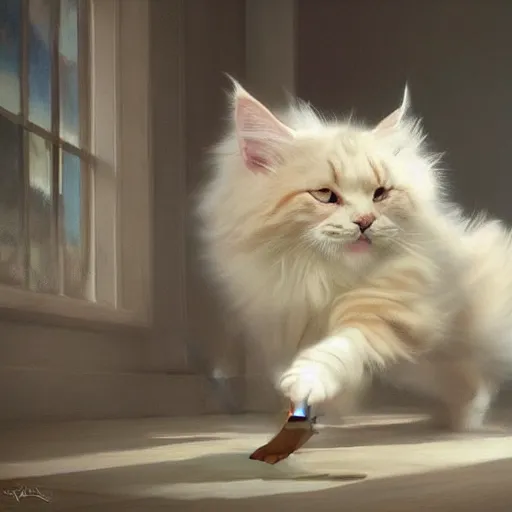 Image similar to cream color maine coon cat chasing a cat-toy-ball in a sunlit bedroom, in style of Ruan Jia, fantasy, trending on art station