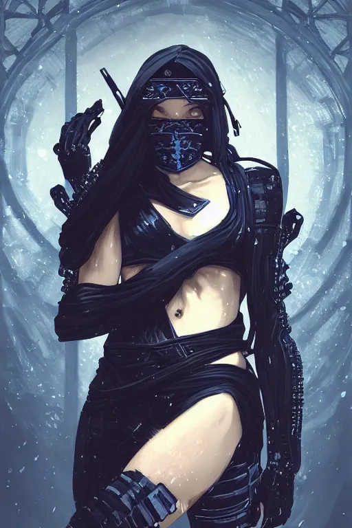 Image similar to portrait Ninja gaiden girl, armored black and blue ninja wardrobe, in ruin japanese rainny temple night, ssci-fi and fantasy, intricate and very very beautiful and elegant, highly detailed, digital painting, artstation, concept art, smooth and sharp focus, illustration, art by tian zi and WLOP and alphonse mucha