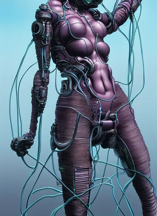 Image similar to a cyborg woman connected by cables bathed in a liquid by Michael Whelan and Tristan Eaton, highly detailed, trending on artstation