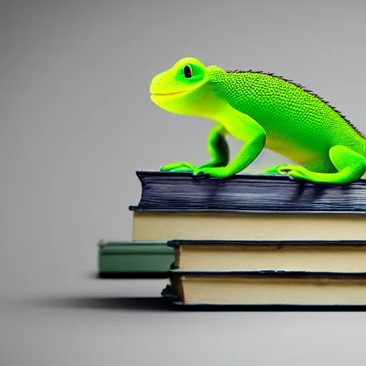Prompt: the geico gecko, crushed by a stack of books, photorealistic, studio 4 k