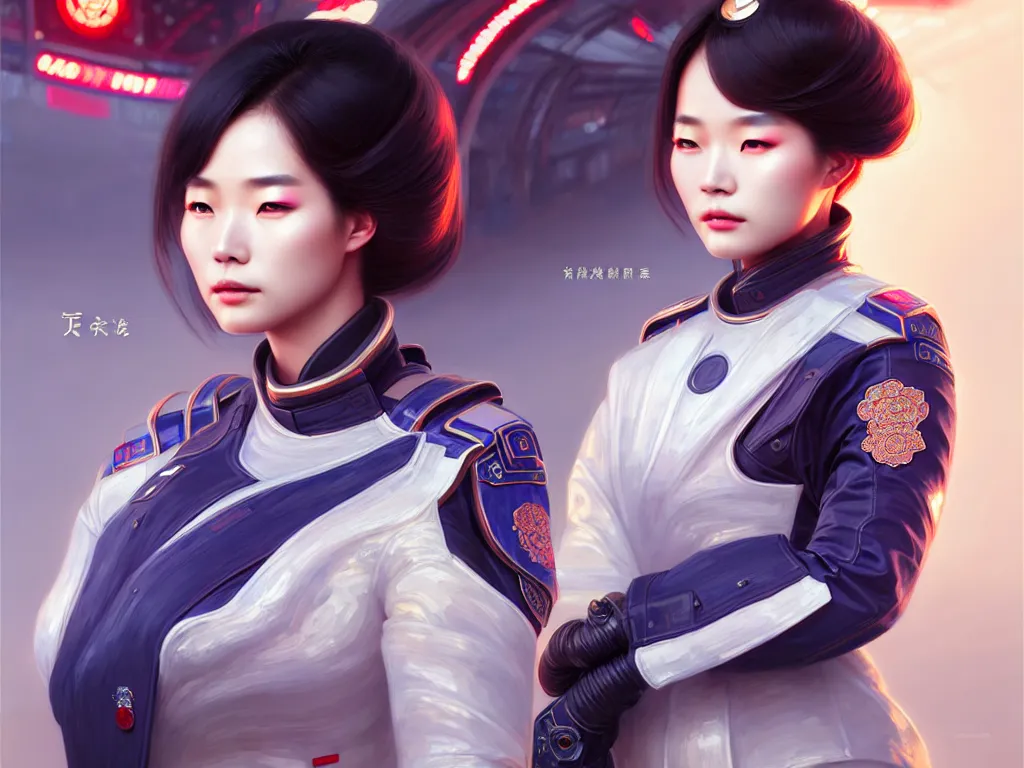 Prompt: portrait futuristic china police uniform female, at future neon light rooftop, ssci - fi and fantasy, intricate and very very beautiful and elegant, highly detailed, digital painting, artstation, concept art, smooth and sharp focus, illustration, art by tan zi and ayanamikodon and alphonse mucha and wlop