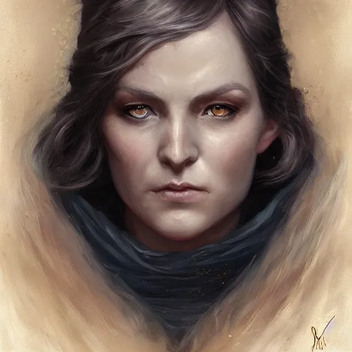 Image similar to a detailed matte head - on portrait painting of an middle - aged half - tiefling noblewoman with golden eyes and short well kept hair, by charlie bowater, lise deharme, wlop, tending on arstation, dungeons and dragon, dnd, pathfinder, fanart, oil on canvas