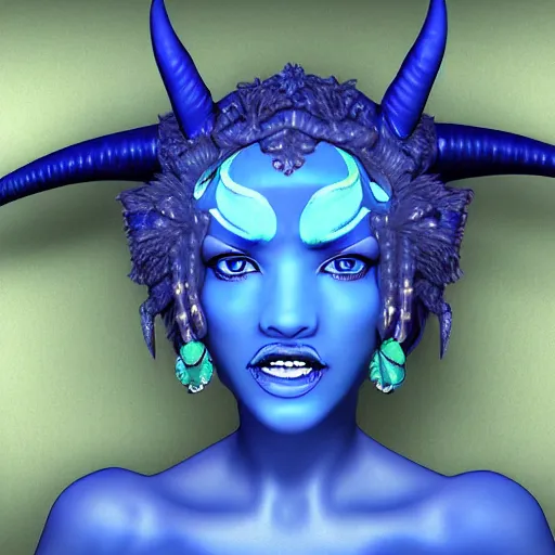 Prompt: Photorealistic blue devil goddess