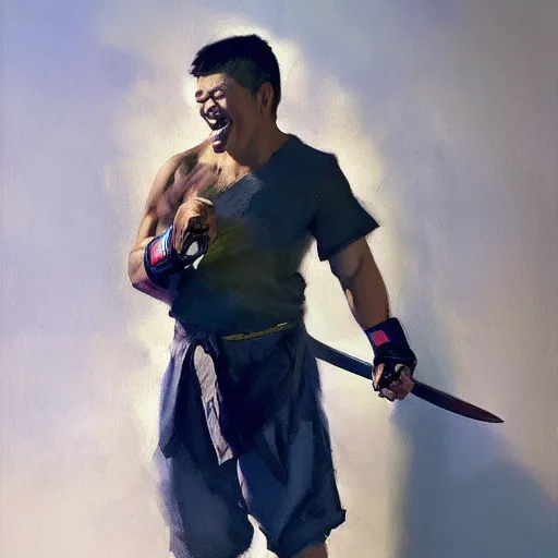 Image similar to greg manchess portrait of a laughing filipino mma fighter with a sword laughter, profile picture, organic painting, sunny day, matte painting, bold shapes, hard edges, street art, trending on artstation, by huang guangjian, gil elvgren, ruan jia, randy vargas, greg rutkowski