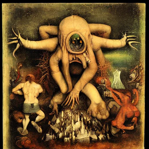 Prompt: distressed kodachrome photo of cthulhu in the style of heironymus bosch, jan saudek, joel peter witkin, pieter bruegel the elder, gustave dore