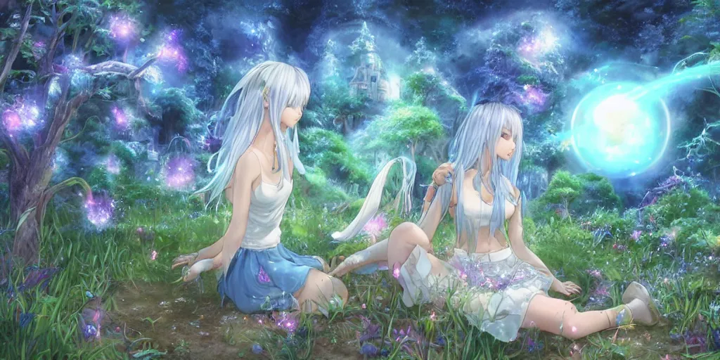 Image similar to final fantasy key visual of a pretty girl with blue flowing hair, wearing a short skirt and a crop top, meditating in a magical fantasy garden at night, moonlight, fireflies glowing, lofi feel, magical, highly detailed, digital art, artstation, smooth, hard focus, illustration, art by artgerm - in the style of final fantasy and studio ghibli