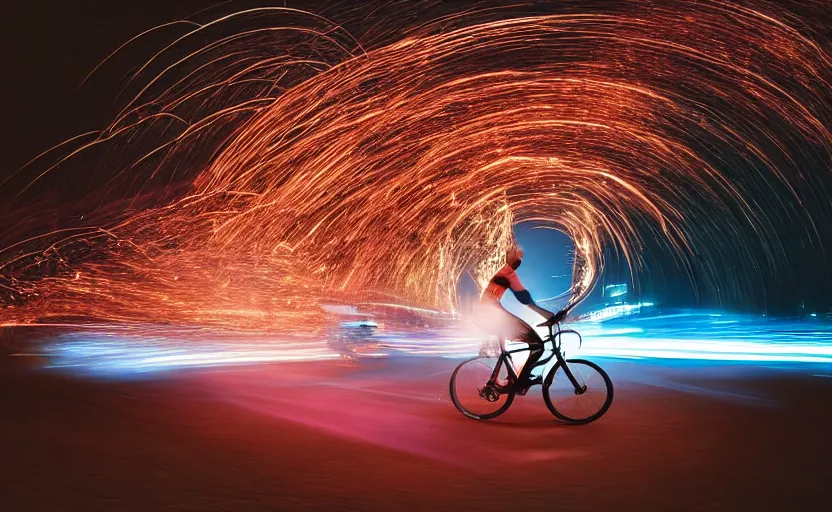 Prompt: a person on a high-tech bicycle with a rocket engine attached to the back, flames and fire shooting out the back, light trails and motion blur and sparks, stylized photo