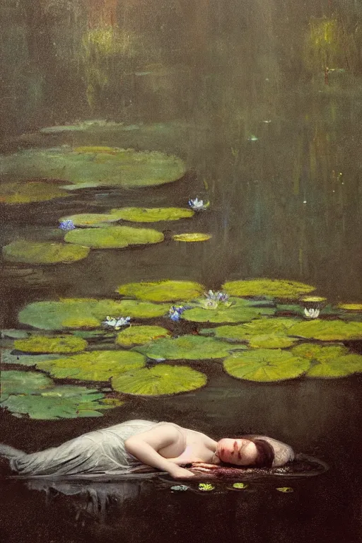 Prompt: detailed cinematic moody colors studio portrait of a victorian gentleman sleeping in a victorian pond, water lilies, ofelia inspired high quality by jeremy mann, only one head single portrait