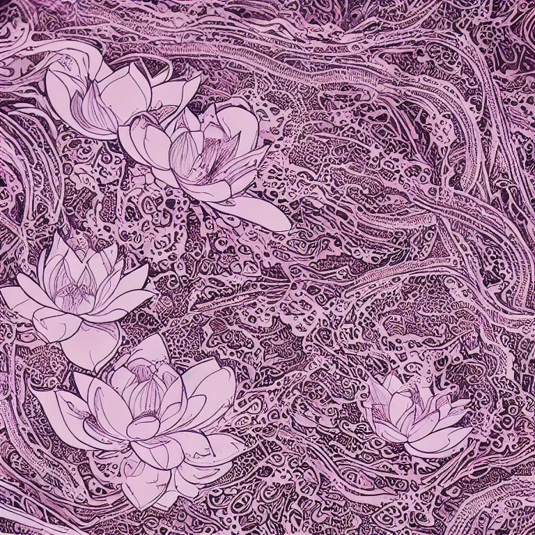 Prompt: Intricate lace onyx lotus bloom macro photo, liquid splash bloom stylized illustration by james jean