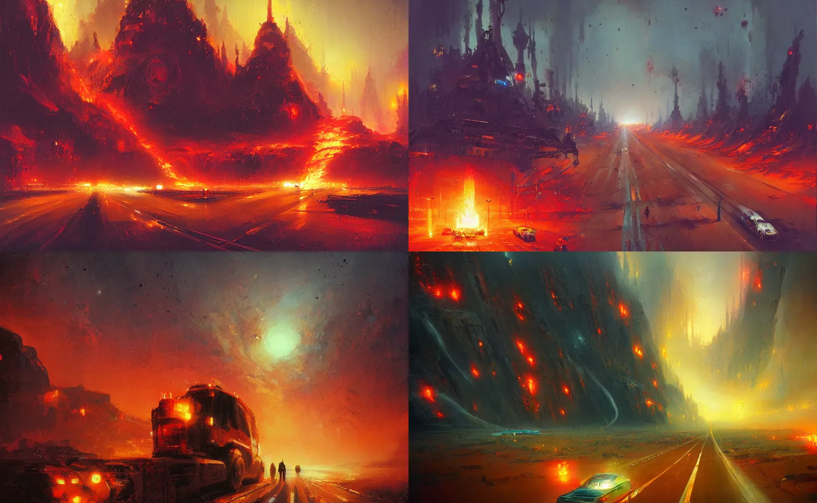 Prompt: a highway to Hell, painting by Greg Rutkowski and Paul Lehr