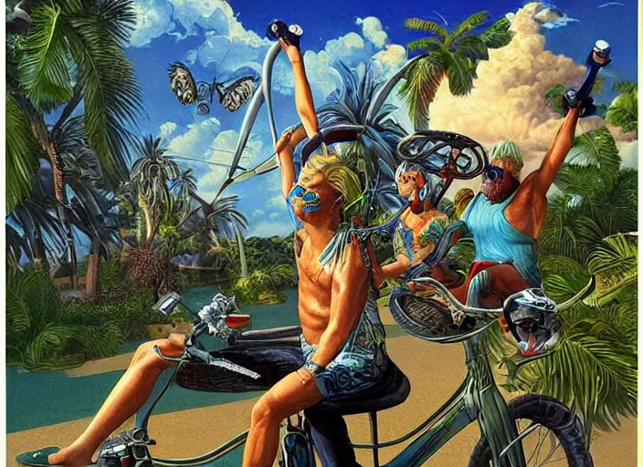 Prompt: 🌴🚲👨🏼🦱👴🏿🦋, lowbrow, 3 - d highly detailed, in the style of, gerald brom,