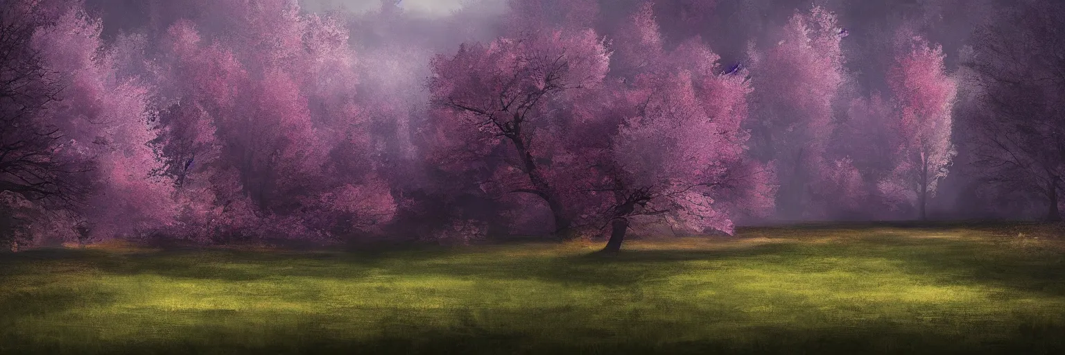 Image similar to michal karcz grunge painting of a beautiful landscape. , purple trees, detailed, elegant, intricate, 4k,