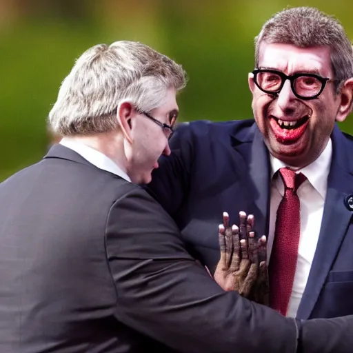 Prompt: Zombie Patrick Balkany hugging kawaii Alexandre Benalla