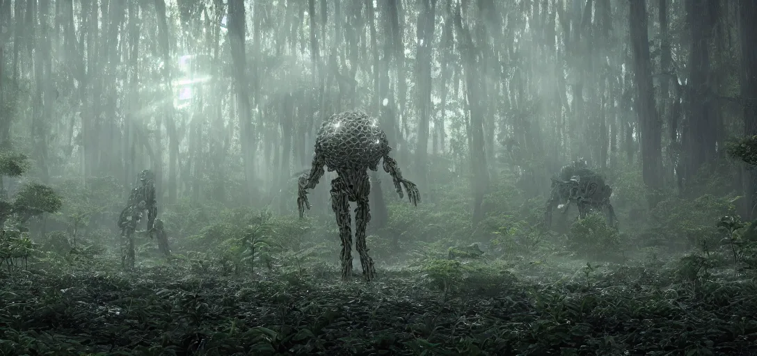 Image similar to a complex organic fractal 3 d metallic symbiotic ceramic humanoid megastructure creature in a swampy lush forest, foggy, sun rays, cinematic shot, photo still from movie by denis villeneuve, wayne barlowe