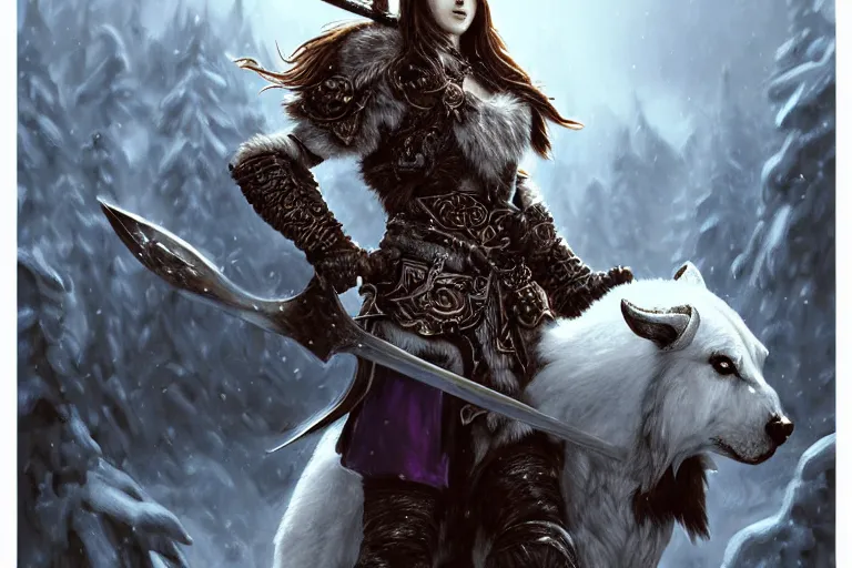 Image similar to azure viking warrior with animal companion, regal, elegant, winter, snow, beautiful, stunning, hd, illustration, epic, d & d, fantasy, intricate, elegant, highly detailed, digital painting, artstation, concept art, smooth, sharp focus, illustration, wallpaper, art by artgerm and greg rutkowski and alphonse mucha and jin xiaodi