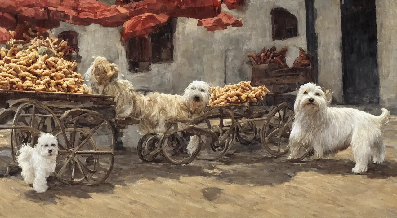 Image similar to a scene of a havanese dog next to a large cart piled high with sausages and ham, a large cream - colored havanese dog looks at the cart, outside a hacienda in cuba, 1 9 0 0, tartakovsky, atey ghailan, goro fujita, studio ghibli, rim light, mid morning lighting, clear focus, very coherent