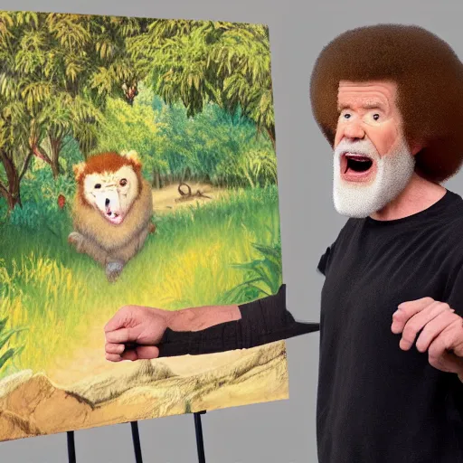 Image similar to bob ross screaming at the zoo