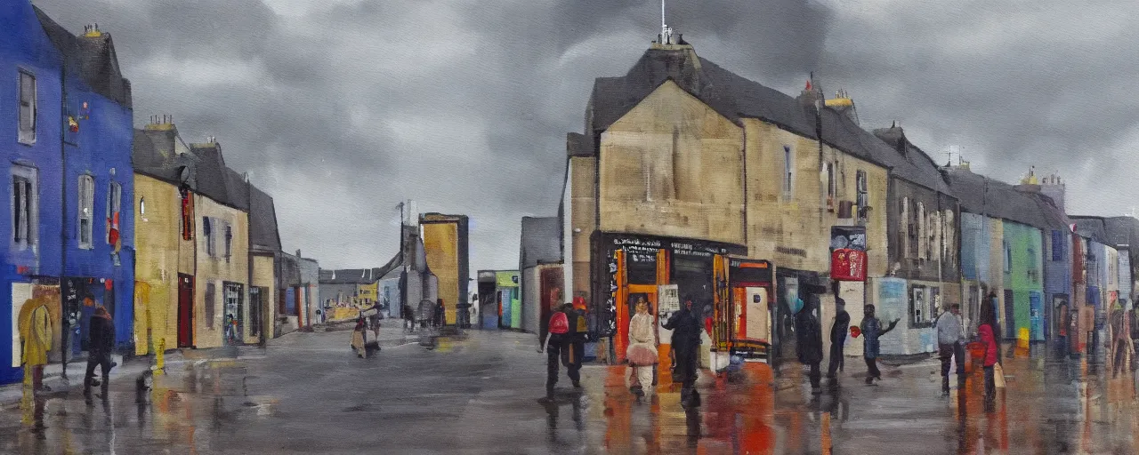 Prompt: a painting of street life in kirkwall orkney, threatening, doom, apocalytic, sinister