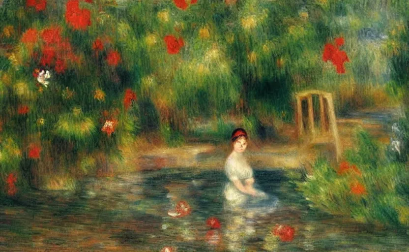Prompt: rina playing with the water, wearing white cloths, and a red bow in her hair, sitting by the side of a creek, in the painting style of renoir, 8 k, detailed, rule of thirds