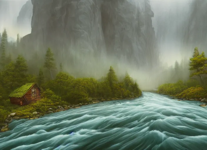 Image similar to matte sharp painting, close - up of a river running past a cozy cabin in the mountains, heavy rain, juxtapoz, artforum, gary baseman, preston blair, tex avery, dan mumford, pedro correa