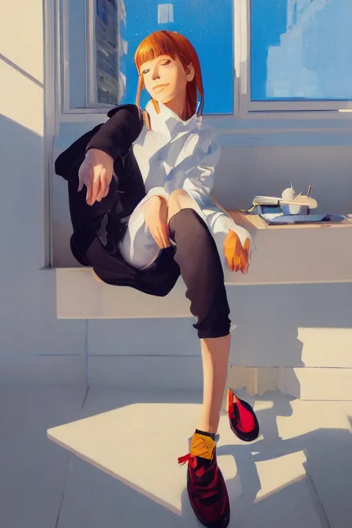 Prompt: A ultradetailed beautiful panting of a stylish woman sitting next to a window, she is wearing streetwear, bright sunny day, Oil painting, by Ilya Kuvshinov, Greg Rutkowski and Makoto Shinkai