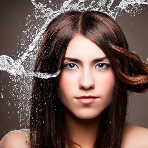 Image similar to very pretty girl with dripping water for hair, headshot, photo, 70mm f3