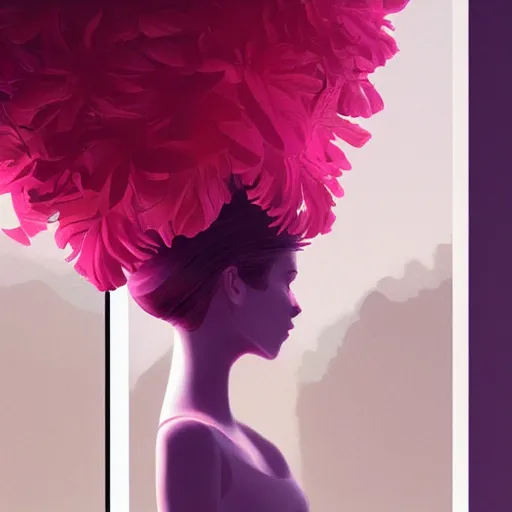 Image similar to closeup, giant flower head, woman next to modern windows, luxury apartment, surreal photography, dramatic light, impressionist painting, digital painting, artstation, james gilleard