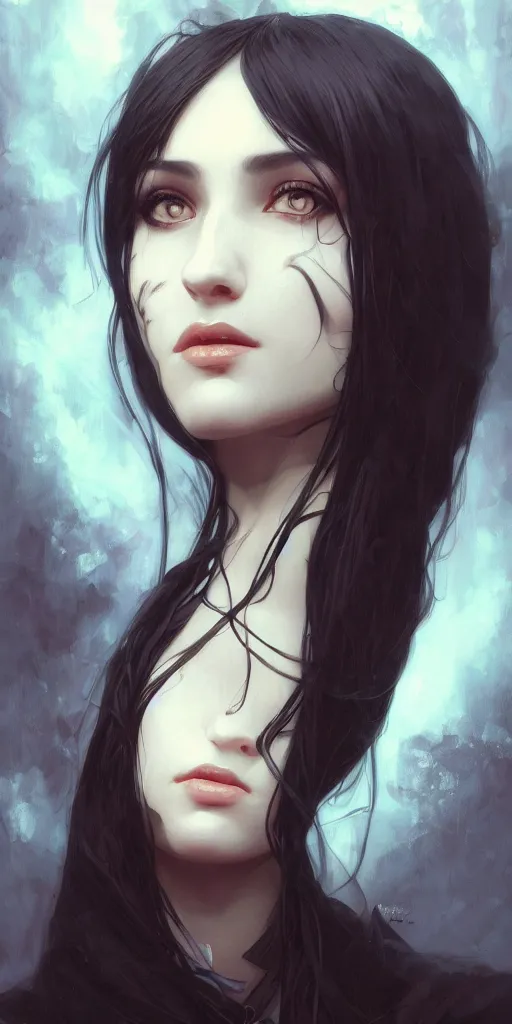 Prompt: a beautiful dark hair girl with black makeup in the eyes, fantasy, portrait, sharp focus, intricate, elegant, digital painting, artstation, matte, highly detailed, concept art, illustration, ambient lighting, dark background art by ilya kuvshinov, artgerm, Alphonse Mucha, and Greg Rutkowski