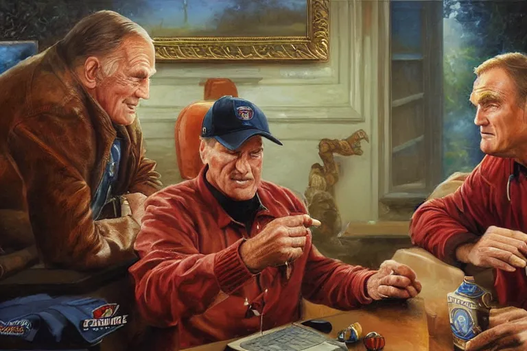 Image similar to portrait of jerry van dyke and craig t nelson planning football, an oil painting by ross tran and thomas kincade